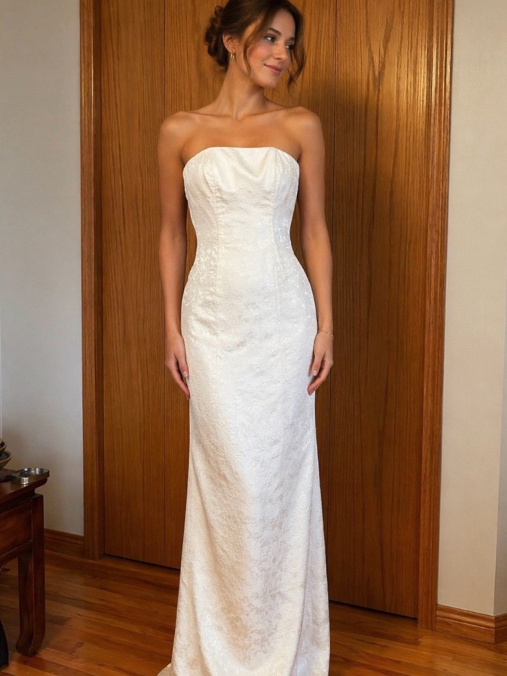 Custom vintage cream bustier dress.Beautiful brocade fabric. Fully lined.